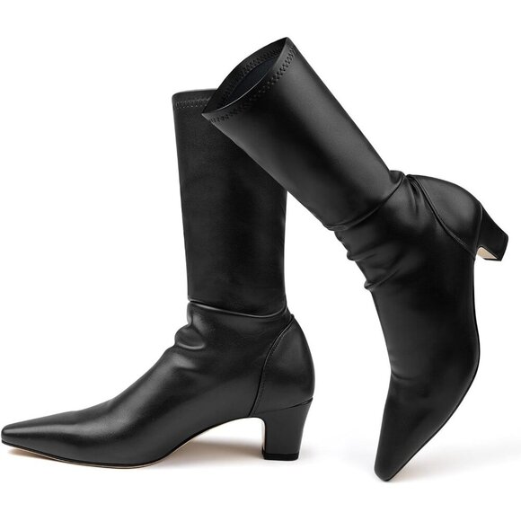 Shoes - Women's Knee High Black-a Boots Pointed Toe Stretchy Block Heel Pull On Style